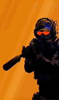 Gestileerd personage uit de tactische shooter Counter-Strike met een geweer in de hand tegen een feloranje achtergrond, wat staat voor competitieve FPS-gameplay, teamcoördinatie en precisietrainingen die beschikbaar zijn in de offline esportsclub Ratsioni.