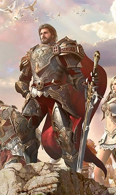 Epische reeks fantasiefiguren van gepantserde krijgers en magische personages uit een middeleeuwse MMORPG-wereld, die samen op een rotsachtige heuvel staan onder dramatische wolken en regenbooglicht, wat teamwork, heroïsche vooruitgang en grootschalige coöperatieve avonturen weergeeft die typerend zijn voor de gameplay-omgevingen van Lineage II