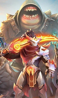 Gestileerde fantasiegevechtspersonages uit Dota 2 staan in dynamische, gevechtsklare poses met gloeiende wapens, mystieke harnassen en magische effecten, wat symbool staat voor strategisch teamspel, heldenvaardigheden en competitieve multiplayer-arena-gameplay binnen een levendige esports-omgeving.